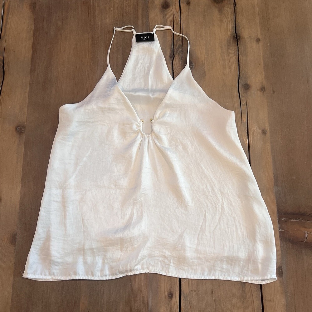 Vici White Ring A Bell Satin Spaghetti Strap Tank Top Lined Camisole Sz Small